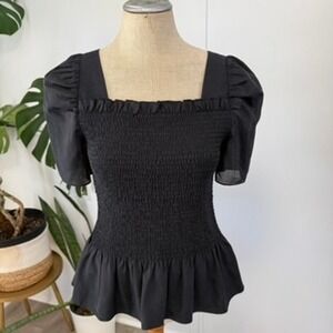 Rachel Parcell Smocked Peplum Top‎ Womens Medium Black Puff Sleeve Square Neck